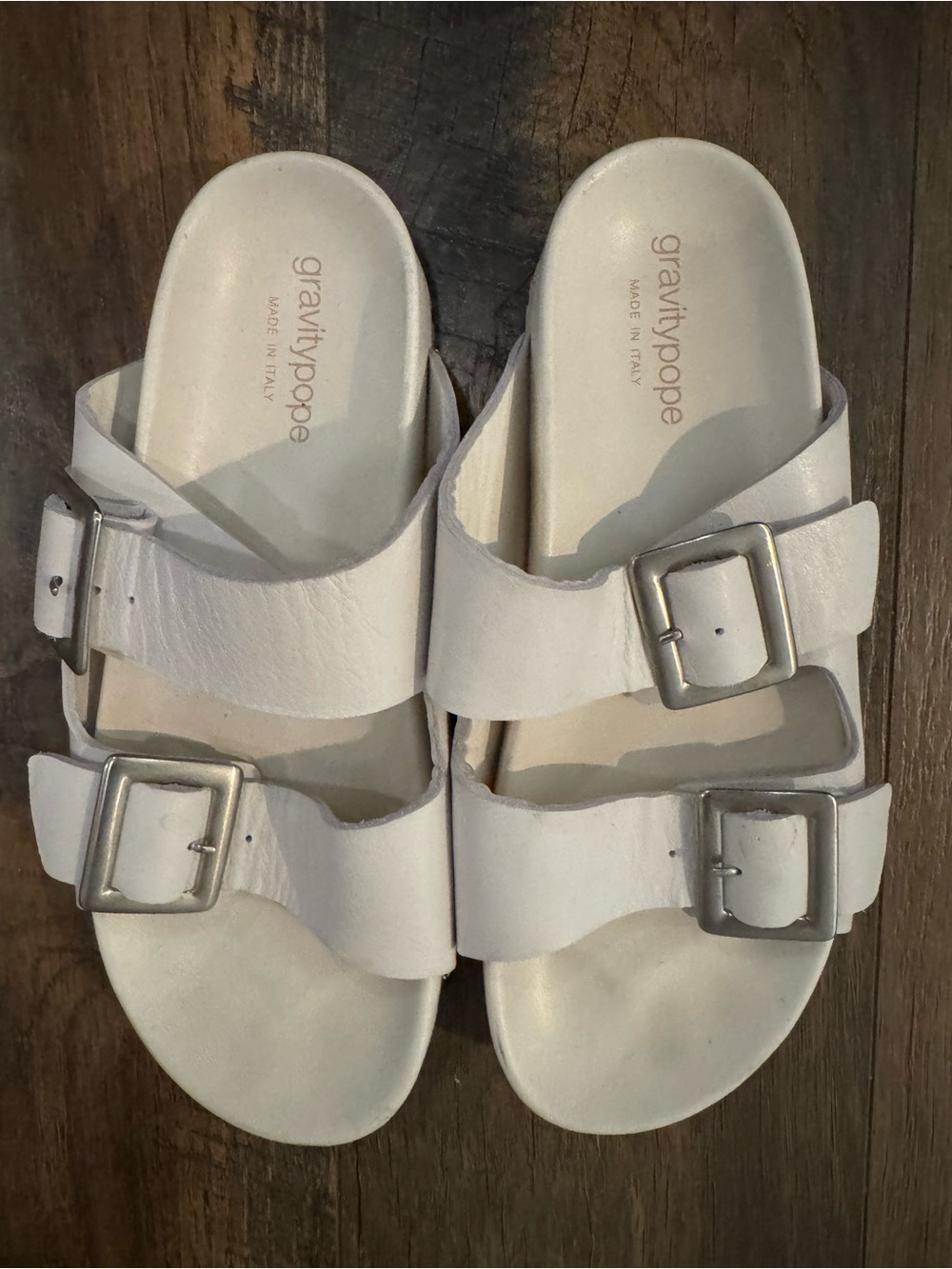 Gravitypope White Leather Double Strap Slide Sandals Big Buckle Women EU37 US6